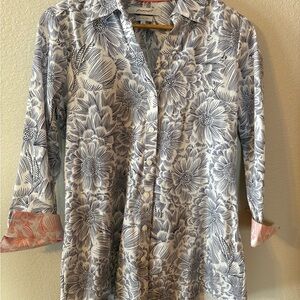 Foxcroft Blue and White Floral Button-Down Shirt